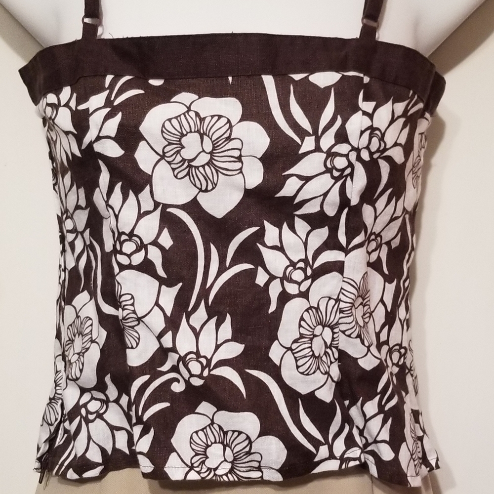 🐢 H&M brown & white linen crop top sz4